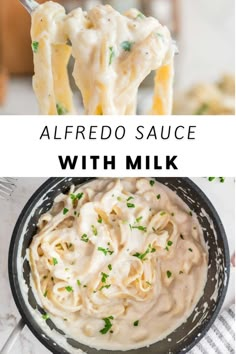 alfredo sauce with milk in a black bowl