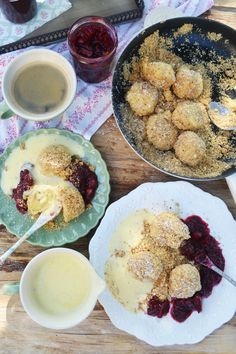 the dessert is ready to be eaten and served on the table with two cups of coffee