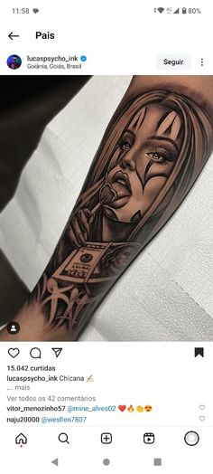 a man's arm with a tattoo on it that has a woman in the center