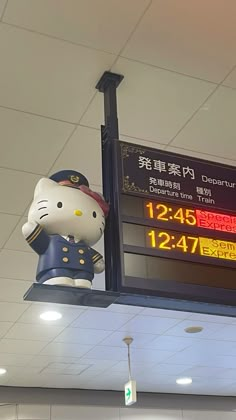 a hello kitty statue sitting on top of an electronic clock above a train station sign