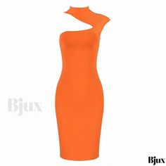 Bjux - Fashionable Orange Asymmetrical Bodycon Bandage Dress for Evening Parties and Events Orange Tight-fit Dress With Asymmetrical Hem, Orange Fitted Dress With Asymmetrical Hem, Dress For Evening, Waist Circumference, Bandage Dress, Types Of Skirts, Evening Party, Types Of Collars, Sleeve Type