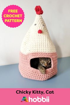 a cat in a crocheted kitty house with the words chicky kitty yarn design pattern