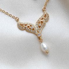 Gold pendant necklace with pearl drop - BLAIRE Bridal Backdrop Necklace, Necklace With Pearl, Backdrops Necklace, Crystal Bridal Tiaras, Bridal Accessory, Crystal Bridal Earrings, Cubic Zirconia Bracelet, Cubic Zirconia Necklace, Cz Pendant