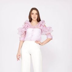 Ruffle Designer Organza Top Elegant Fashion Glamour Top - Etsy Indonesia Off-shoulder Chiffon Blouse, Chiffon Blouse With Sheer Sleeves For Spring, Feminine Chiffon Blouse For Party, Chic Organza Tops For Evening, Evening Organza Top With Ruffles, Elegant Summer Organza Tops, Pink Fitted Chiffon Top, Fitted Pink Chiffon Top, Summer Evening Organza Blouse