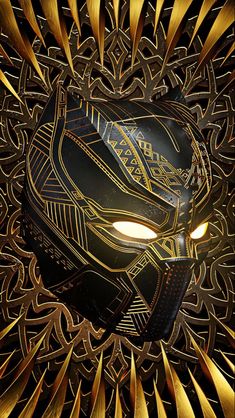 a black and gold mask with yellow lights on it's face is surrounded by golden spikes