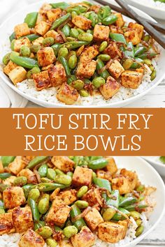 tofu stir fry rice bowls with green beans and peas in the middle, on a white plate