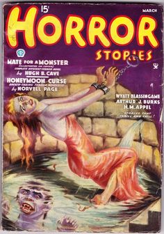 the cover to horror stories magazine, featuring a woman in a red dress falling into water