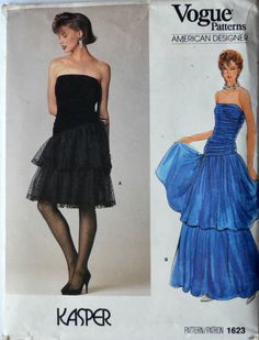 1980s Vogue Vintage Sewing Pattern 1623, Size 10.  Dated 1985    Misses' Dress.  Strapless dress, mid-knee or evening length has fitted, lined, shaped, draped bodice, tiered skirt and side zipper.  A: contrast, purchased trim. Vintage condition: Uncut, instructions included.  Pieces may be discolored.  Envelop in good condition with minor wear at corners and some discoloration.  Items will be shipped in a moisture-resistant photo mailer to prevent damage. There are many tutorials on the internet on how to resize vintage sewing patterns if these measurements don't work for you! Vintage Vogue Sewing Patterns, Vogue Vintage, Vogue Sewing, Vogue Sewing Patterns, Cocktail Gowns, Vogue Patterns, Couture Vintage, Sewing Pattern Sizes, Vintage Vogue