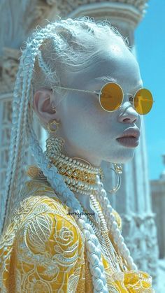 a woman with white hair wearing yellow sunglasses and braids in front of a building