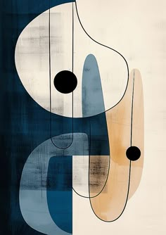 an abstract painting with blue, beige and black shapes