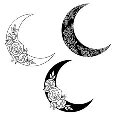 two crescents with roses on them, one is black and the other is white