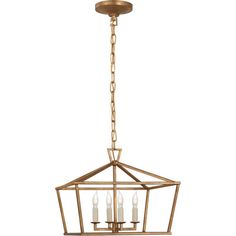 a brass chandelier with four candles hanging from the bottom and one light on top