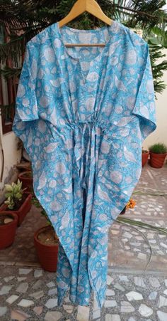 "These Kaftan we make from pure cotton Cambric Handblock print fabric. Handblock print gives it very unique look Size= Length 52\" Free size in chest . ." Summer Blue Cotton Kaftan, Traditional Summer Home Dress, Bohemian Blue Sleepwear For Vacation, Blue Bohemian Sleepwear For Vacation, Blue Cotton Kaftan For Loungewear, Blue Cotton Kaftan For Vacation, Blue Cotton Kaftan For The Beach, Blue Cotton Kaftan For Beachwear, Blue Cotton Kaftan For Beach Cover-up