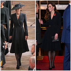 two pictures of the same woman in black dress and hat, one is wearing a blue suit