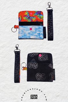 three different types of wallets and keychains on top of white paper with the same design