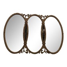 three round mirrors with ornate designs on each side and one in the middle, set against a white background