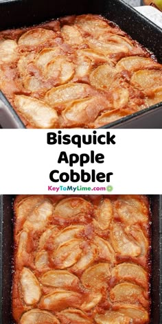 an apple cobbler is shown with the words, biscuit apple cobbler on it