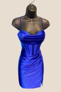 Royal Blue Satin Tight Homecoming Dress 2024 Sleeveless Bodycon Dress With Lace-up Back For Evening, Fitted Evening Corset Dress With Boning, Fitted Backless Corset Dress For Date Night, Fitted Draped Mini Dress For Party, Evening Bodycon Corset Dress, Fitted Satin Mini Evening Dress, Formal Fitted Corset Dress With Boning, Satin Ruched Bodycon Dress For Cocktail, Fitted Ruched Corset Dress For Date Night