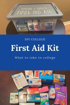 the first aid kit is sitting on top of a table with other items in it