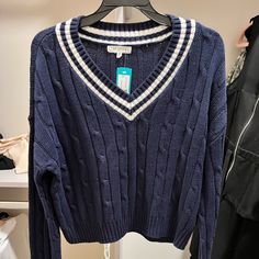 Size Medium Trendy Navy Sweater For Fall, Preppy Knit Sweater For Fall, Navy Sweater With Ribbed Cuffs For Spring, Navy Preppy Sweater For Fall, Preppy Blue Cotton Sweater, Blue V Neck Sweater, White Cable Knit Sweater, Cable Knit Sweater, Single Piece