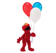 the sesame street character is holding three balloons