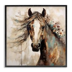 a painting of a horse with long manes and flowers on it's head