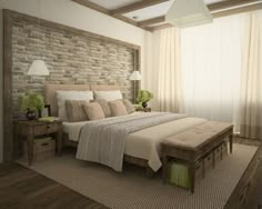 a bedroom with a brick wall and wooden flooring is shown in this artist's rendering