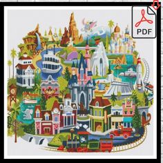 the cross stitch pattern shows a colorful city with lots of buildings, cars and trees