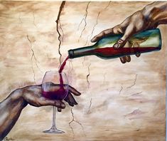 two hands are pouring red wine into a glass with another hand reaching out to it