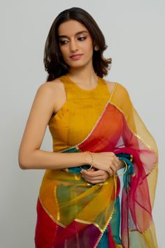 Buy Multi Color Silk Organza Embroidered Gota Halter Mutiyar Saree With Blouse For Women by Peeli Dori Online at Aza Fashions. Rainbow Saree, Srilankan Bride, Isha Borah, Multicolor Saree, Traditional Blouse Designs, Gotta Work