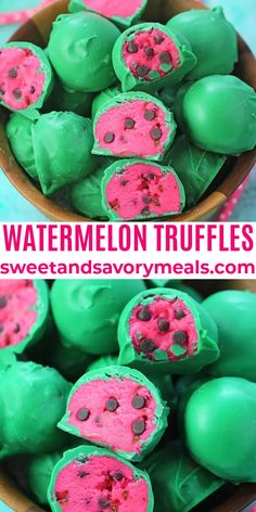 watermelon truffles with green and pink frosting in a bowl