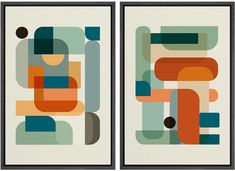 two framed art pieces depicting abstract shapes