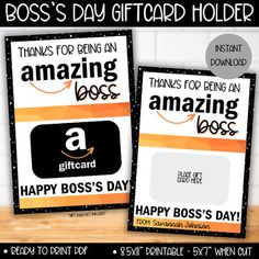 two amazon gift cards with the words happy boss's day on them