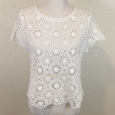 Nwot And Perfect For Warmer Weather Over A Cute Cami Or A Sleeveless Dress! Flat Measurements Pit To Pit 18.5”, Shoulder To Hem 21”, Shoulder To Cuff 6.75”. Thanks For Looking! Fitted White Top With Crochet Lace, Crochet Lace Top With Short Sleeves, Casual White Crochet Lace Blouse, Fitted White Pointelle Knit Blouse, White Stretch Crochet Lace Top, Fitted White Lace Top With Crochet Trim, White Crochet Short Sleeve Tops, White Crochet Tops With Short Sleeves, Casual Crochet Short Sleeve Blouse