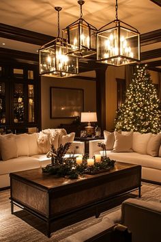 a living room filled with furniture and a lit christmas tree in the middle of it