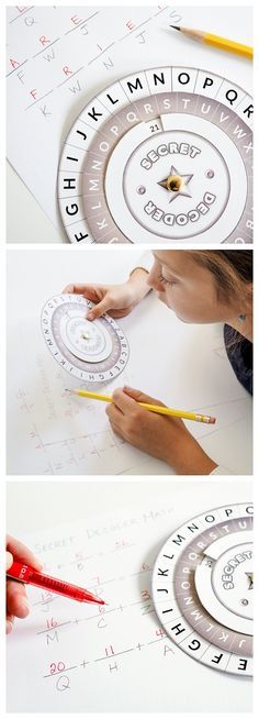 three pictures showing how to make a clock out of paper with scissors and pencils