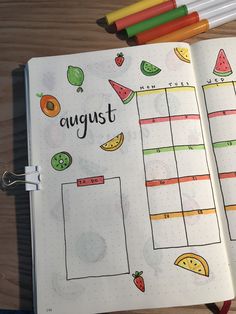 Bullet journal monthly spread, fruits theme Bullet Journal Fruit Theme, Fruit Bullet Journal, Easy Bullet Journal Ideas, July Journal, July Bujo, Bullet Journal Easy, Journal Easy, Bullet Journal Monthly, Monthly Journal