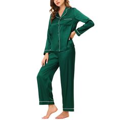 Great for loungewear, nightwear, sleepwear, home bedroom, and daily wear. Features: 2-piece sleepwear set, including sleeves tops, and pants. These women's sleepwear sets use soft breathable pure satin, giving you a cozy dress experience. Design: Many individual colors and lightweight fabrics, make the sleepwear comfortable, you have many choices to match it with your heart. No matter the cozy bedtime, casual home relaxation, laze afternoon, or comfy bath, the soft and lightweight women's nightd Sleepwear Outfits, Womens Pj Sets, Satin Pjs, Satin Pyjama, Pajamas For Women, Cozy Dress, Comfortable Pajamas, Satin Long Sleeve, Night Dress For Women