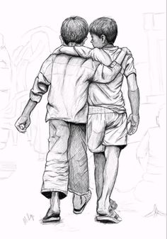 a drawing of two boys walking down the street with their arms around each other's shoulders