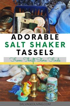 the words adorable salt shaker tassels are in front of an assortment of craft supplies