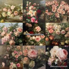 several pictures of flowers in different stages of blooming and being used to paint them