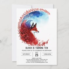 a birthday party card with an image of a fox