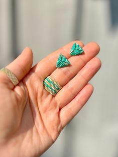 Luxury Beaded Summer Stud Earrings Dainty Triangle Geometric - Etsy Romania Handmade Green Triangle Jewelry, Handmade Green Geometric Earrings, Elegant Geometric Beaded Jewelry, Green Geometric Jewelry For Gifts, Green Geometric Jewelry For Gift, Green Geometric Jewelry Gift, Geometric Green Jewelry Gift, Minimalist Green Jewelry With Colorful Beads, Geometric Beaded Earrings For Gifts