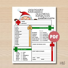 the secret santa christmas printable is shown on a wooden surface with a red ribbon around it