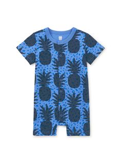 Add a splash of tropical charm to your wee one's wardrobe with this warm weather romper featuring an exclusive pineapple print. Crafted of 100% cotton jersey that keeps its styling and color wash after wash, and feels so soft on baby's skin. Matching family styles are available in our Sibling Shop. Summer Printed Onesie For Loungewear, Casual Blue Printed Onesie, Short Sleeve Cotton Onesie For The Beach, Casual Blue Onesie For Summer, Casual Short Sleeve Onesie For The Beach, Casual Short Sleeve Onesie For Beach, Casual Blue Summer Onesie, Casual Short Sleeve Beach Onesie, Playful Cotton Onesie For Vacation