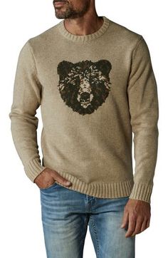 The brand's mascot logo inspires the austere bear occupying the front of a sweater that's knit with soft, breathable cotton plus a touch of wool for hibernation-worthy warmth and comfort. 28" length (size Medium) Crewneck Long sleeves Ribbed cuffs and hem 60% cotton, 30% nylon, 10% merino wool Hand wash, dry flat Imported Bear Sweater, Normal Clothes, Bear Logo, Mascot Logo, Crewneck Sweater, Crew Neck Sweater, Sweater Top, Merino Wool, Knitted Fabric