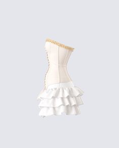 Get ready for a day full of being the center of attention 😌 Pairing an ivory canvas lace up corset top with a ivory ruffle mini skirt, this two-piece fit will have all eyes following your every move 🤍 Fitted Mini Corset With Ruffles, Feminine Fitted Mini Length Corset, Summer Wedding Mini Dress, White Feminine Mini Corset Dress, Fitted Cream Mini Dress With Lace Trim, Feminine Mini Length Summer Corset, Summer Feminine Mini Length Corset, Feminine Summer Mini Corset, White Feminine Corset Dress With Boned Bodice