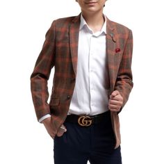 Bring A Dash Dapper To Your Kiddos Wardrobe With This Modern Dinner Jacket Decorated In A Large Gray Windowpane. Notched Collar Long Sleeves Two Button Closure Chest Pocket With Pocket Square And Keychain Dual Flap Pockets Lined Camel Color 65% Polyester, 35% Wool Dry Clean Brown Tweed Jacket With Single Button, Brown Single Button Long Sleeve Tweed Jacket, Casual Brown Single-breasted Tweed Jacket, Casual Brown Blazer With Single Button, Casual Brown Single Button Blazer, Casual Brown Tailored Tweed Jacket, Casual Brown Sport Coat With Buttons, Casual Orange Blazer For Winter, Casual Brown Blazer With Button Closure