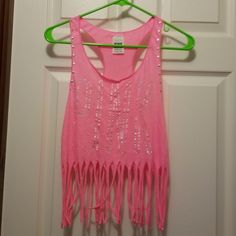 Victoria Secret Top Tank W/Fringes And Foil Size Xsmall Color Coral Nwot Online Please No Trade No Swap Spring Sleeveless Top With Beaded Fringe, Pink Fringed Top For Spring, Pink Fringe Top For Spring, Spring Pink Fringed Tops, Thrift Inspo, Color Coral, Top Tank, Victoria Secret, Victoria Secret Pink