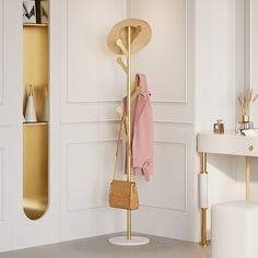 a coat rack with two coats hanging from it's sides next to a mirror